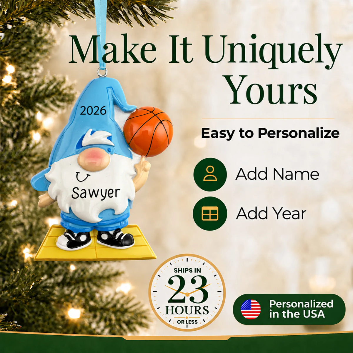 Make it yours: add name and year to the personalized basketball gnome christmas ornament