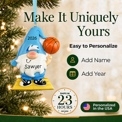 Make it yours: add name and year to the personalized basketball gnome christmas ornament
