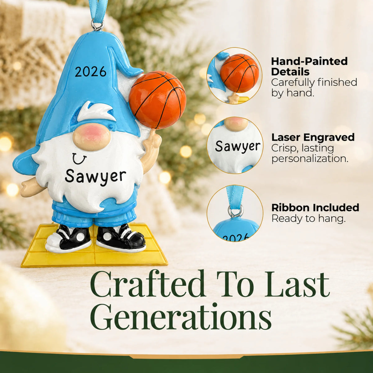 Hand-painted details and laser engraved personalization on the basketball gnome christmas ornament, ribbon included