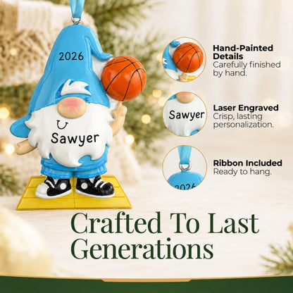 Hand-painted details and laser engraved personalization on the basketball gnome christmas ornament, ribbon included