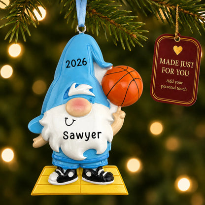 Basketball gnome christmas ornament hanging on a lit Christmas tree with a Made Just For You gift tag