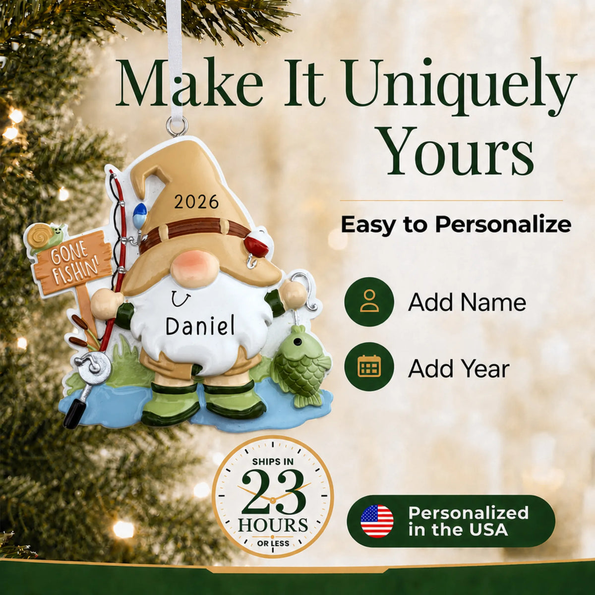 Make it yours: personalize the gnome fisherman christmas ornament