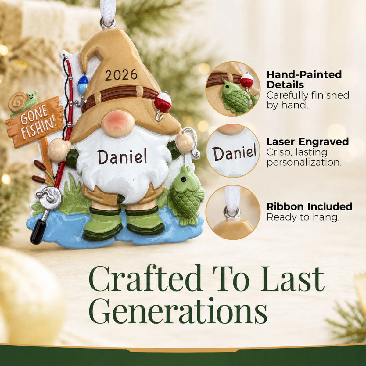 Hand-painted details and laser engraved personalization on the gnome fisherman christmas ornament, ribbon included