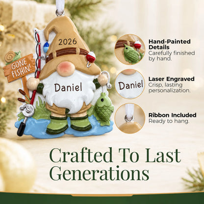 Hand-painted details and laser engraved personalization on the gnome fisherman christmas ornament, ribbon included
