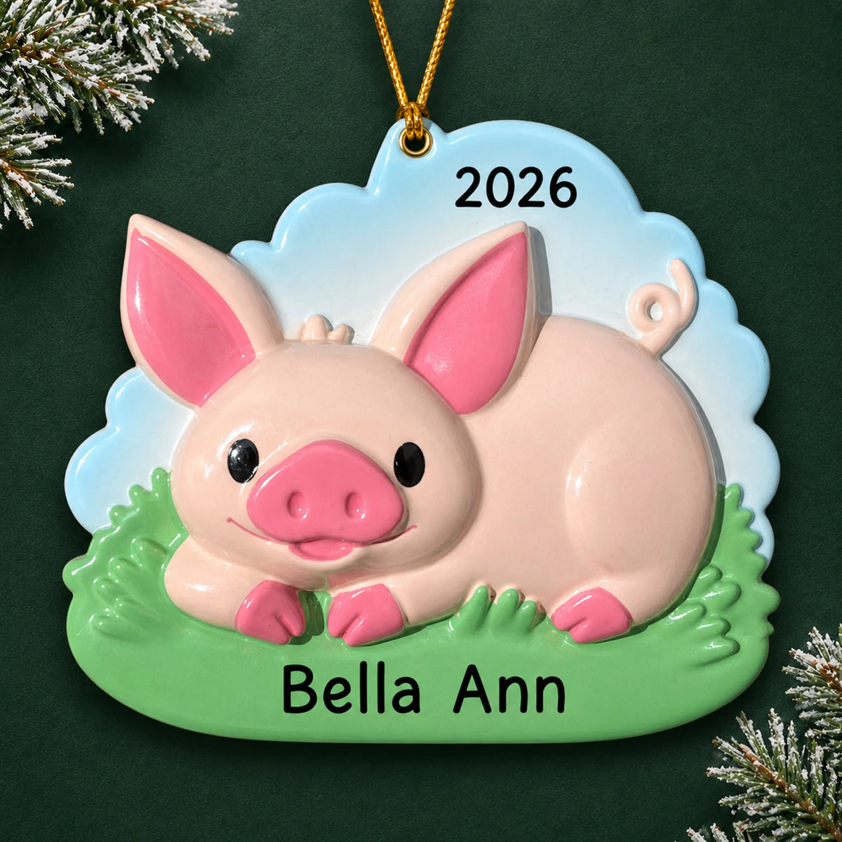 Personalized cute pig christmas ornament on a dark green pine background