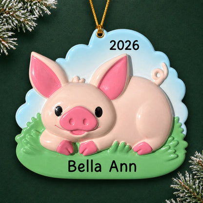 Personalized cute pig christmas ornament on a dark green pine background