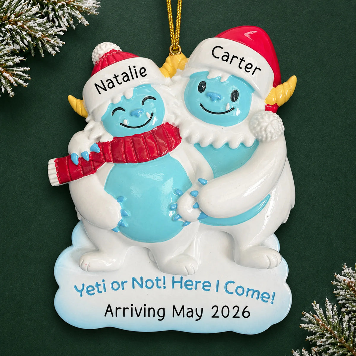 Personalized Expecting Yeti Couple christmas ornament on a dark green pine background