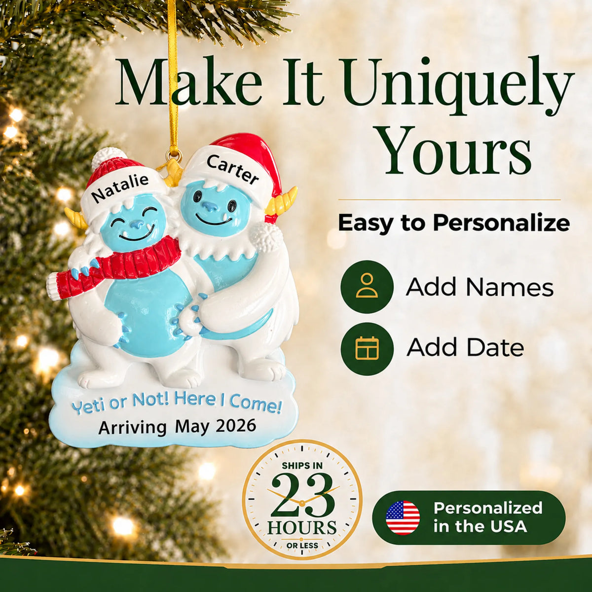 Make it yours: personalize the Expecting Yeti Couple christmas ornament