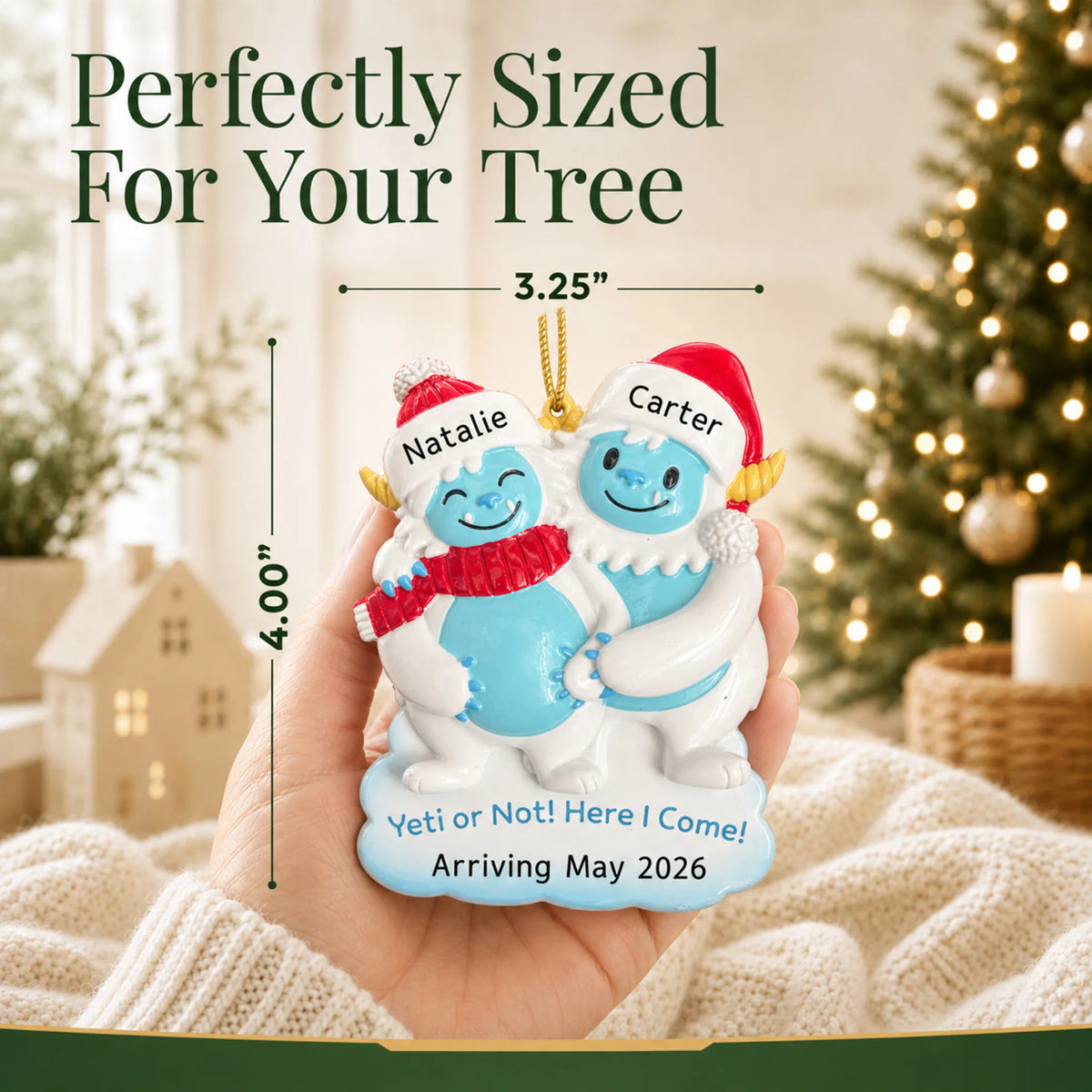 Size guide: the personalized Expecting Yeti Couple christmas ornament is 3.25 in wide by 4.00 in tall, shown in hand