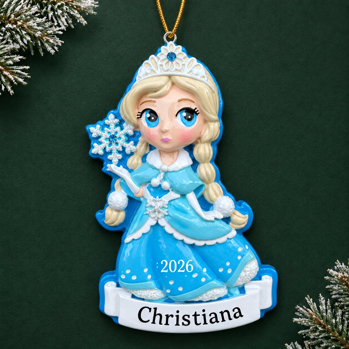Personalized Snow Princess christmas ornament on a dark green pine background