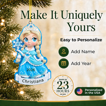 Make it yours: add name and year to the personalized snow princess christmas ornament