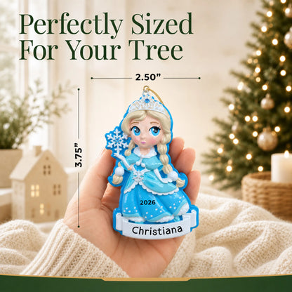 Size guide: the personalized snow princess christmas ornament is 2.50 in wide by 3.75 in tall, shown in hand