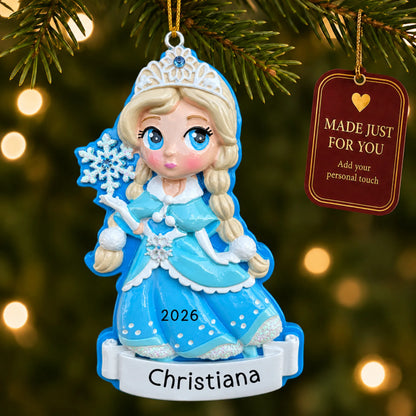 Snow Princess christmas ornament hanging on a lit Christmas tree with a Made Just For You gift tag
