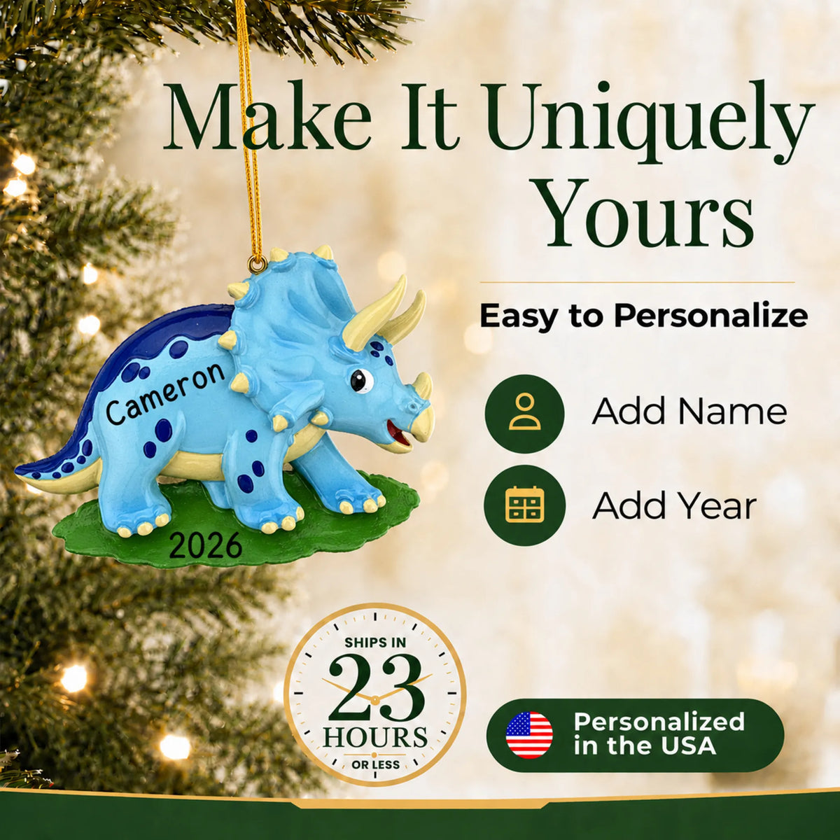 Make it yours: add name and year to the personalized blue triceratops dinosaur christmas ornament