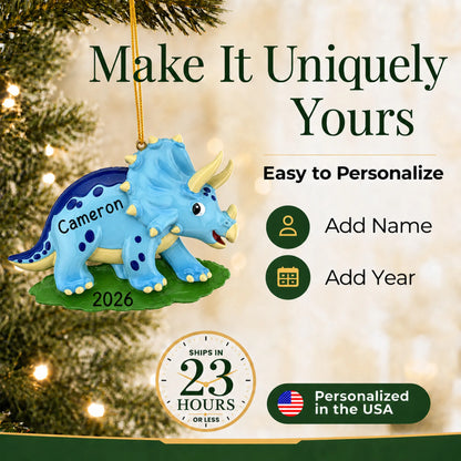 Make it yours: add name and year to the personalized blue triceratops dinosaur christmas ornament