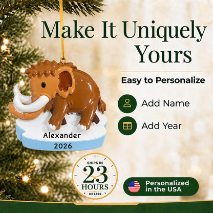 Make it yours: add name and year to the personalized woolly mammoth christmas ornament