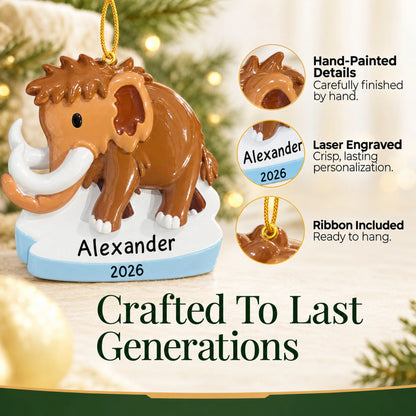 Hand-painted details and laser engraved personalization on the woolly mammoth christmas ornament, ribbon included