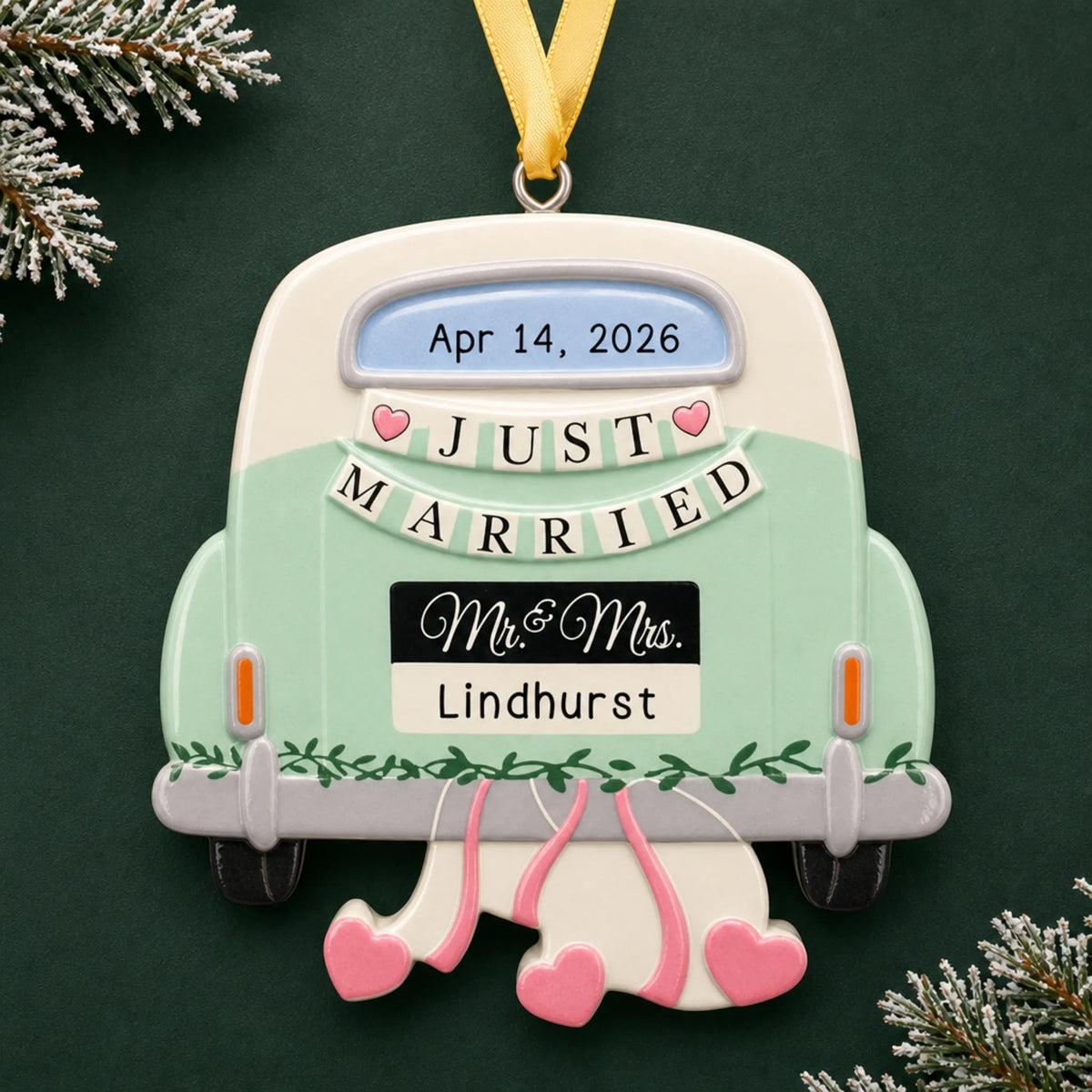 Personalized mint Just Married car Christmas ornament with a Just Married car with a Mr. & Mrs. plate and date