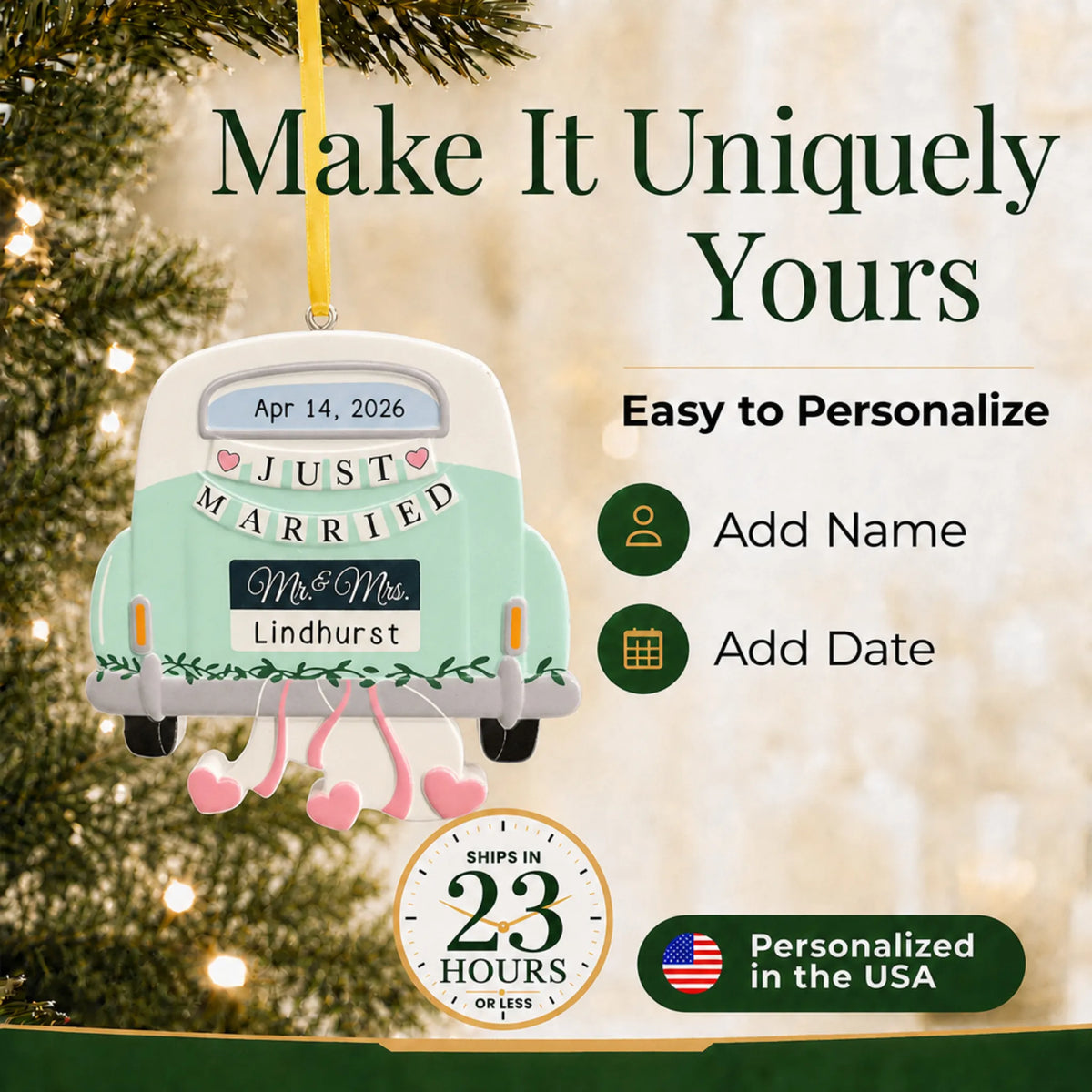 How to personalize the mint Just Married car Christmas ornament: add a name and date, ships in 23 hours
