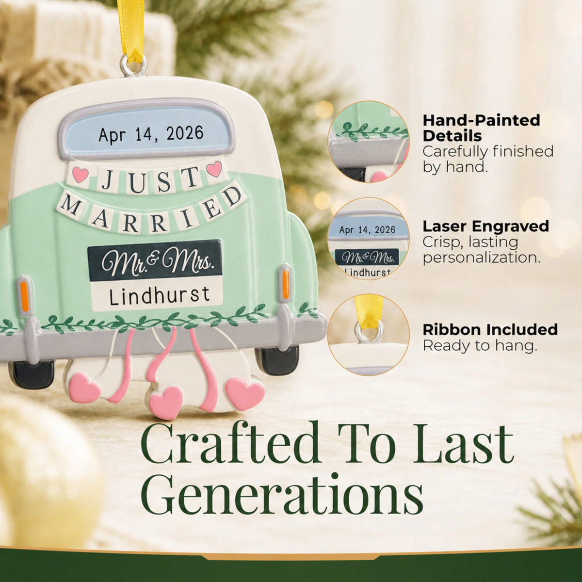 Close-up of the personalized mint Just Married car Christmas ornament: hand-painted detail, laser engraving
