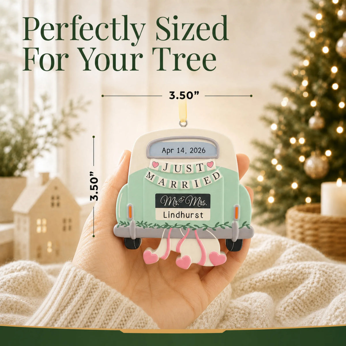 Personalized mint Just Married car Christmas ornament held in a hand to show its 3.5 by 3.5 inch size