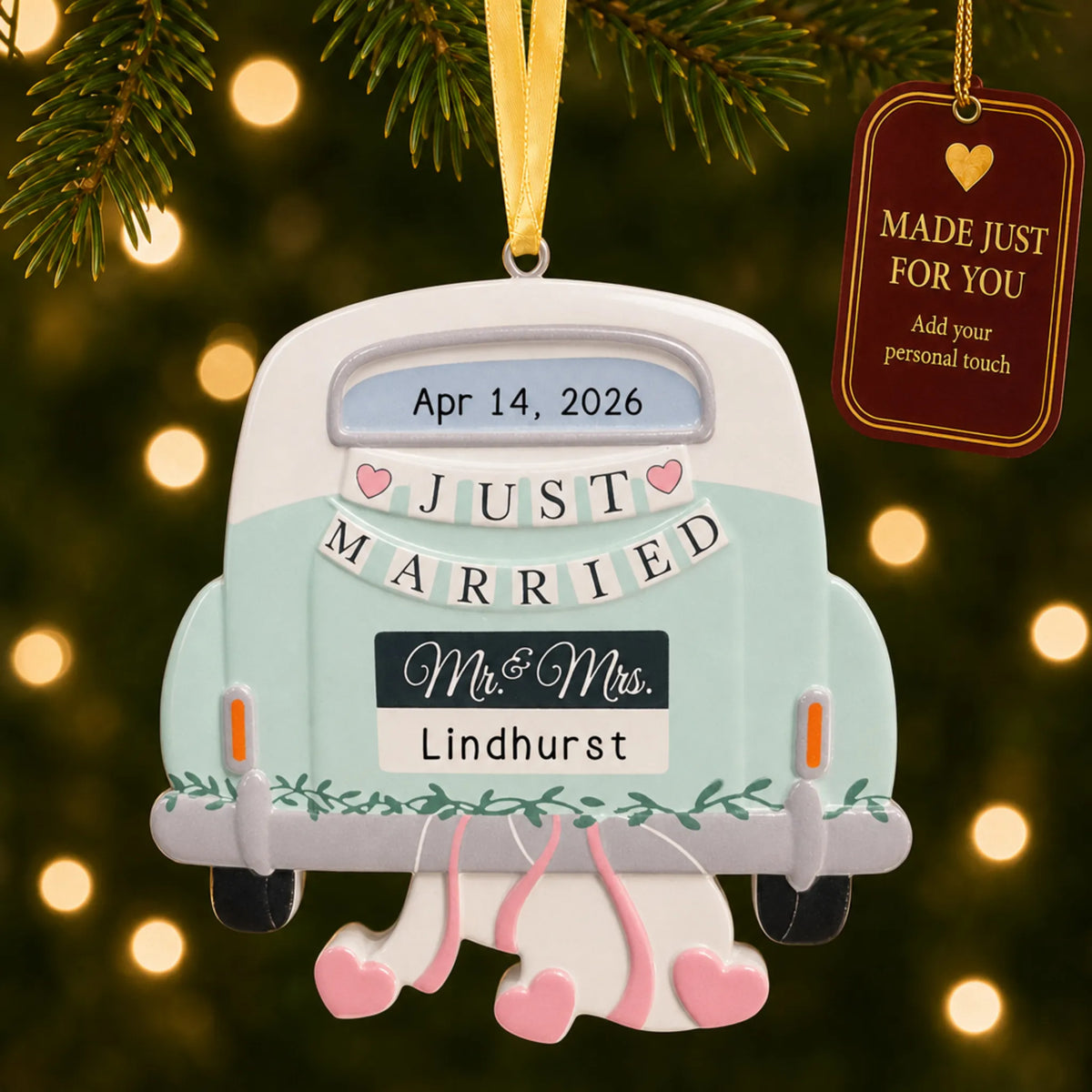 Personalized mint Just Married car Christmas ornament on a lit Christmas tree with a Made Just For You tag