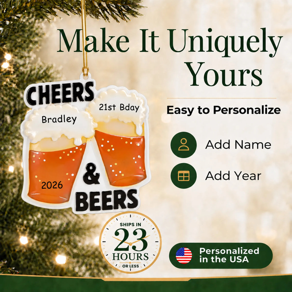 Make it yours: personalize the Cheers & Beers christmas ornament