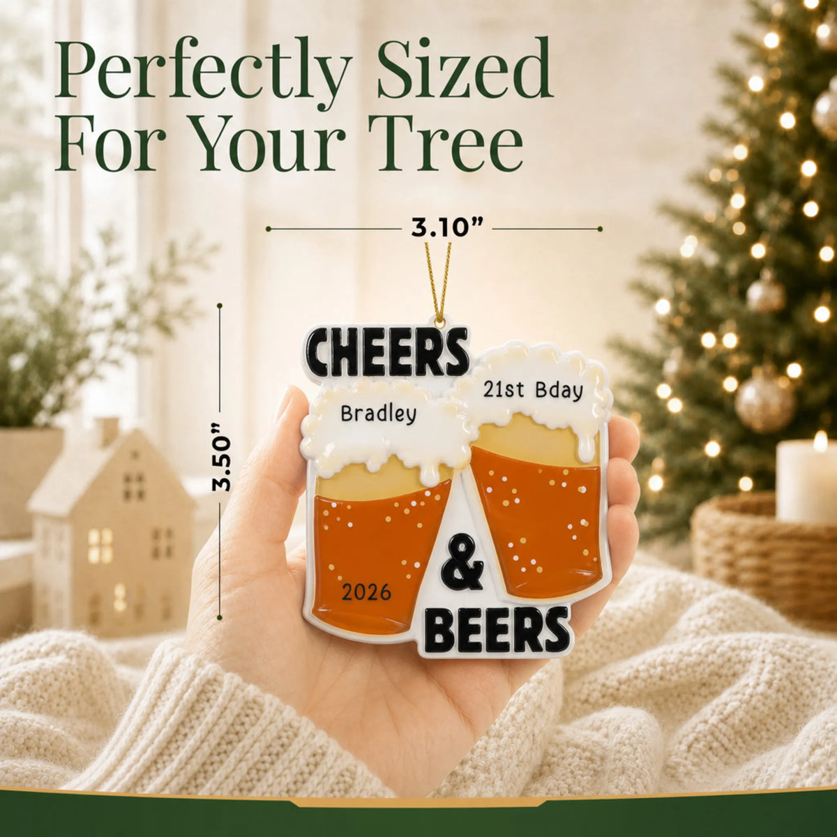 Size guide: the personalized Cheers & Beers christmas ornament is 3.10 in wide by 3.50 in tall, shown in hand