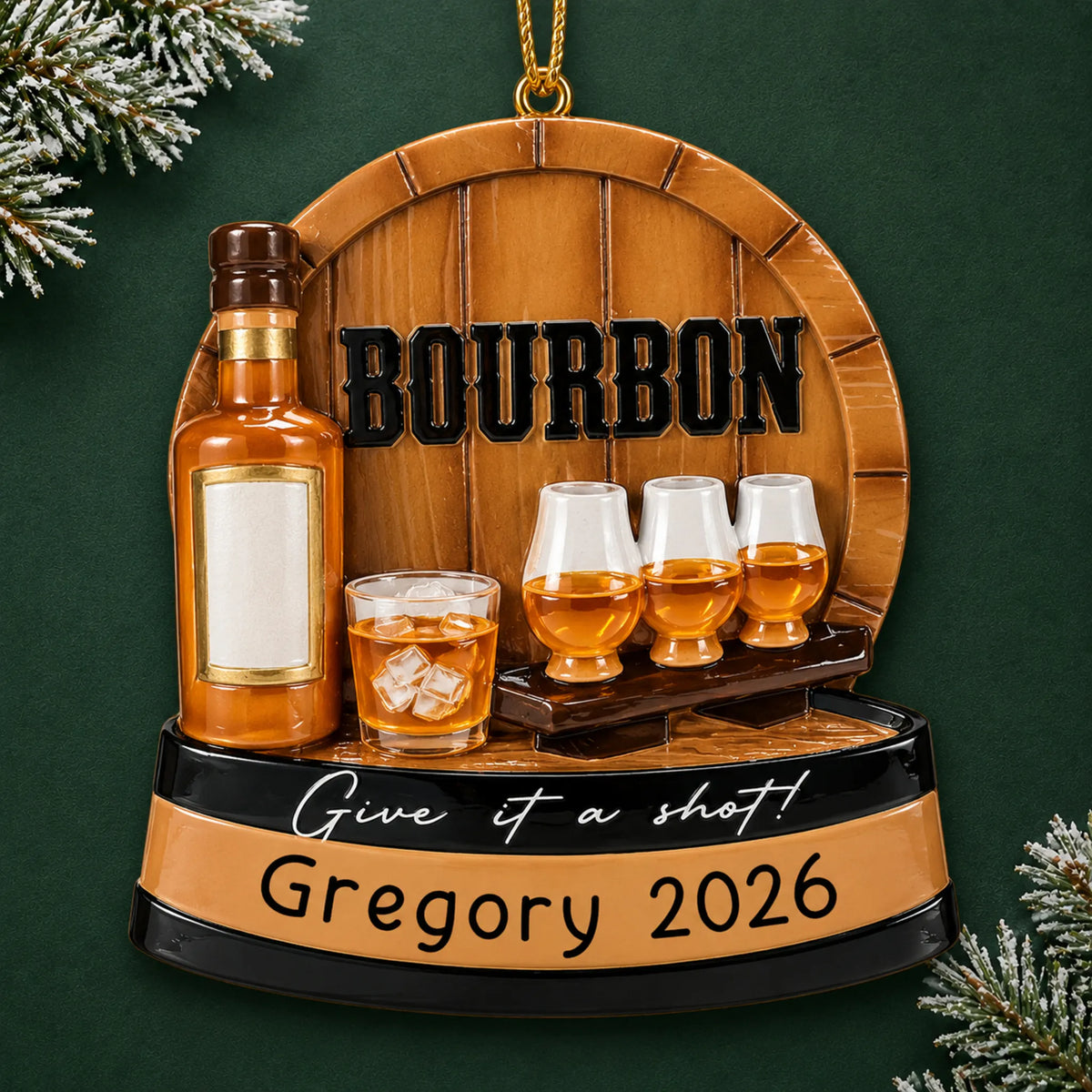 Personalized Bourbon Tasting christmas ornament on a dark green pine background