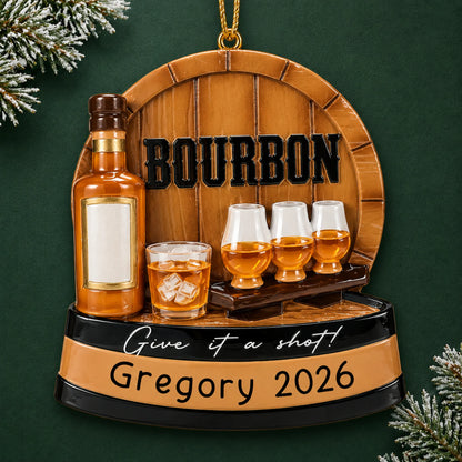 Personalized Bourbon Tasting christmas ornament on a dark green pine background