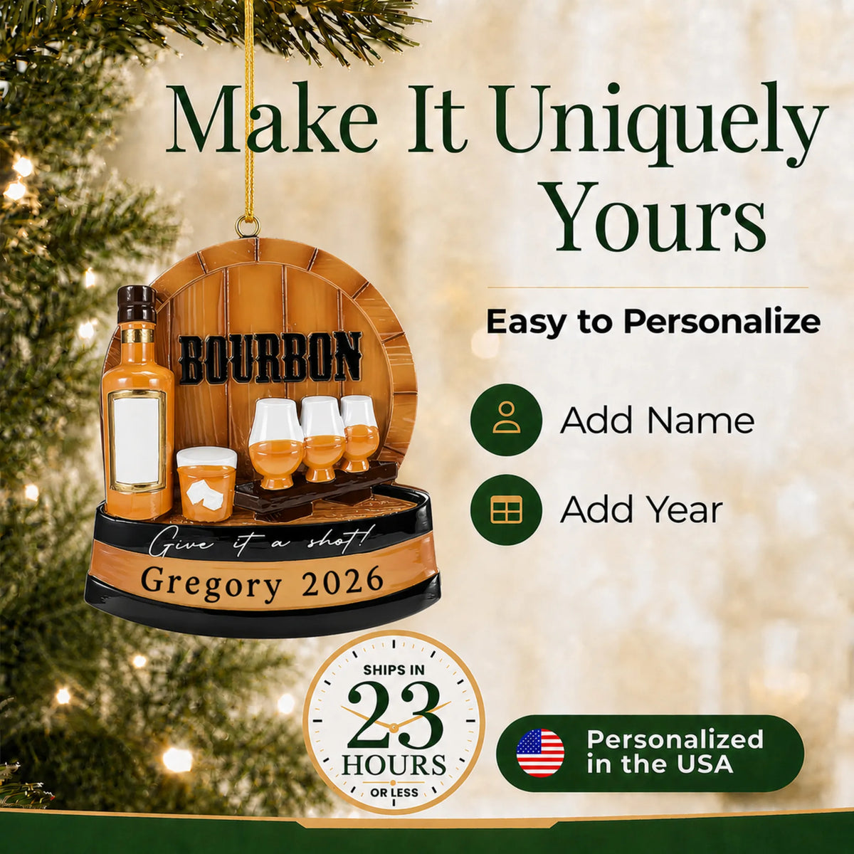 Make it yours: personalize the Bourbon Tasting christmas ornament