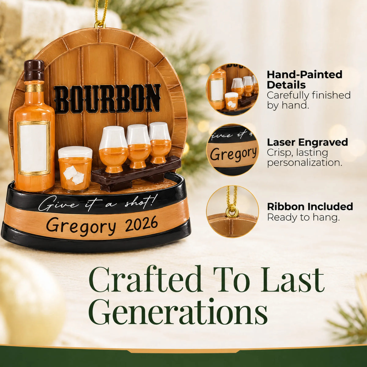 Hand-painted details and laser engraved personalization on the Bourbon Tasting christmas ornament, ribbon included