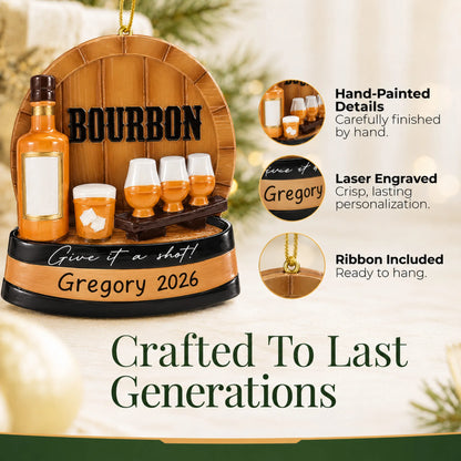 Hand-painted details and laser engraved personalization on the Bourbon Tasting christmas ornament, ribbon included