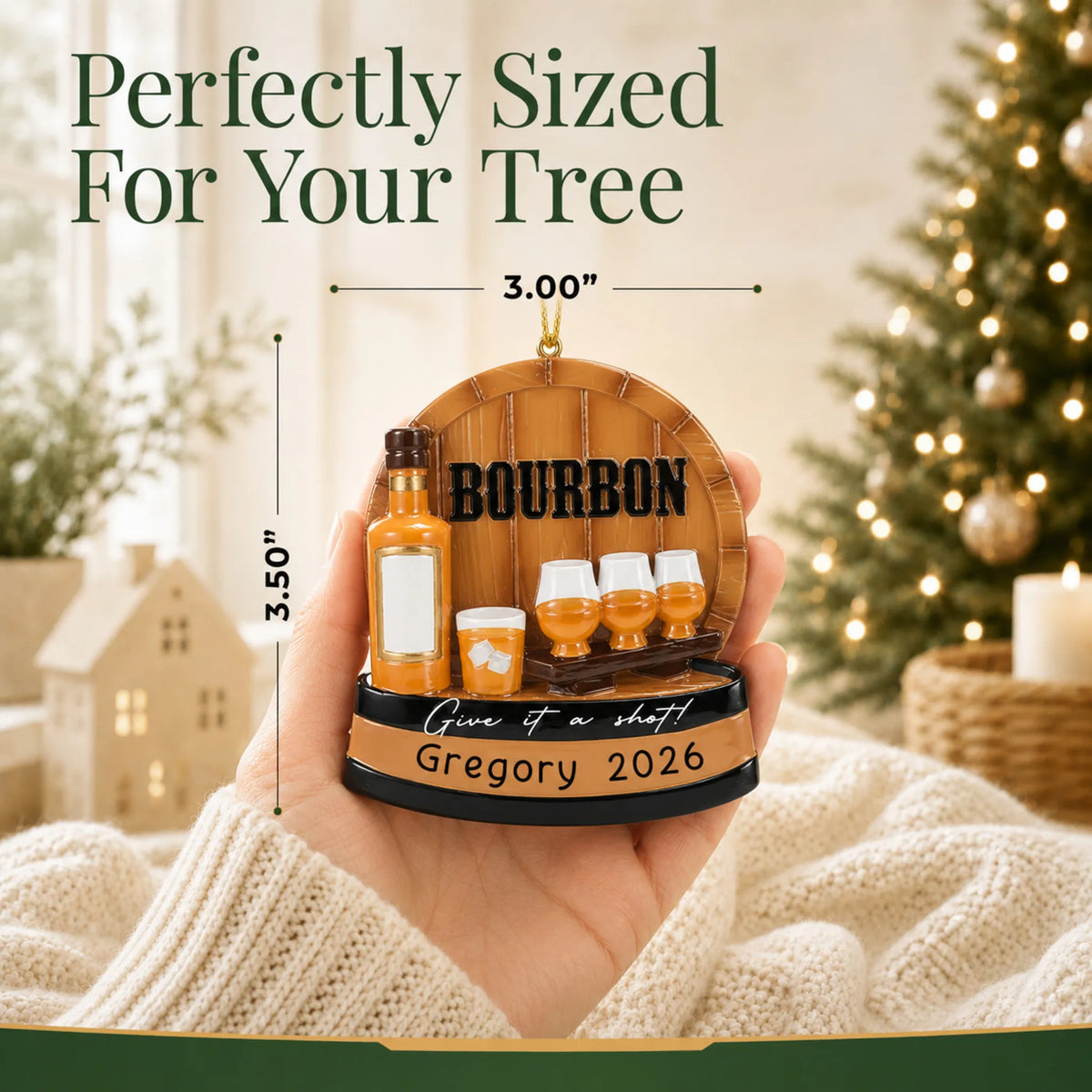 Size guide: the personalized Bourbon Tasting christmas ornament is 3.00 in wide by 3.50 in tall, shown in hand