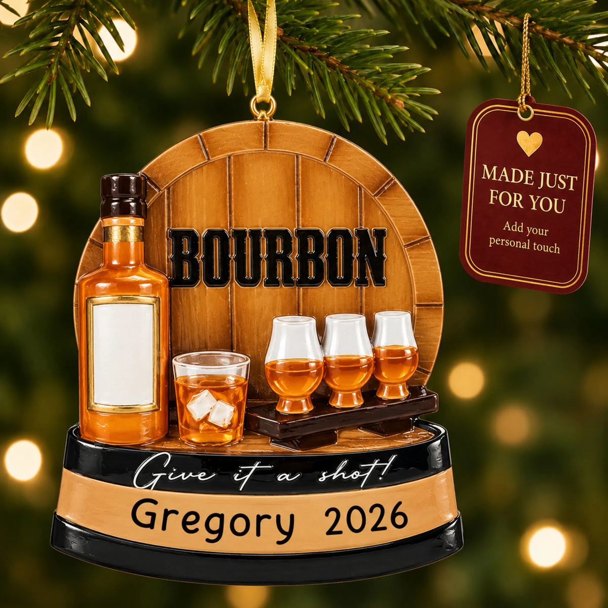 Bourbon Tasting christmas ornament hanging on a lit Christmas tree with a Made Just For You gift tag