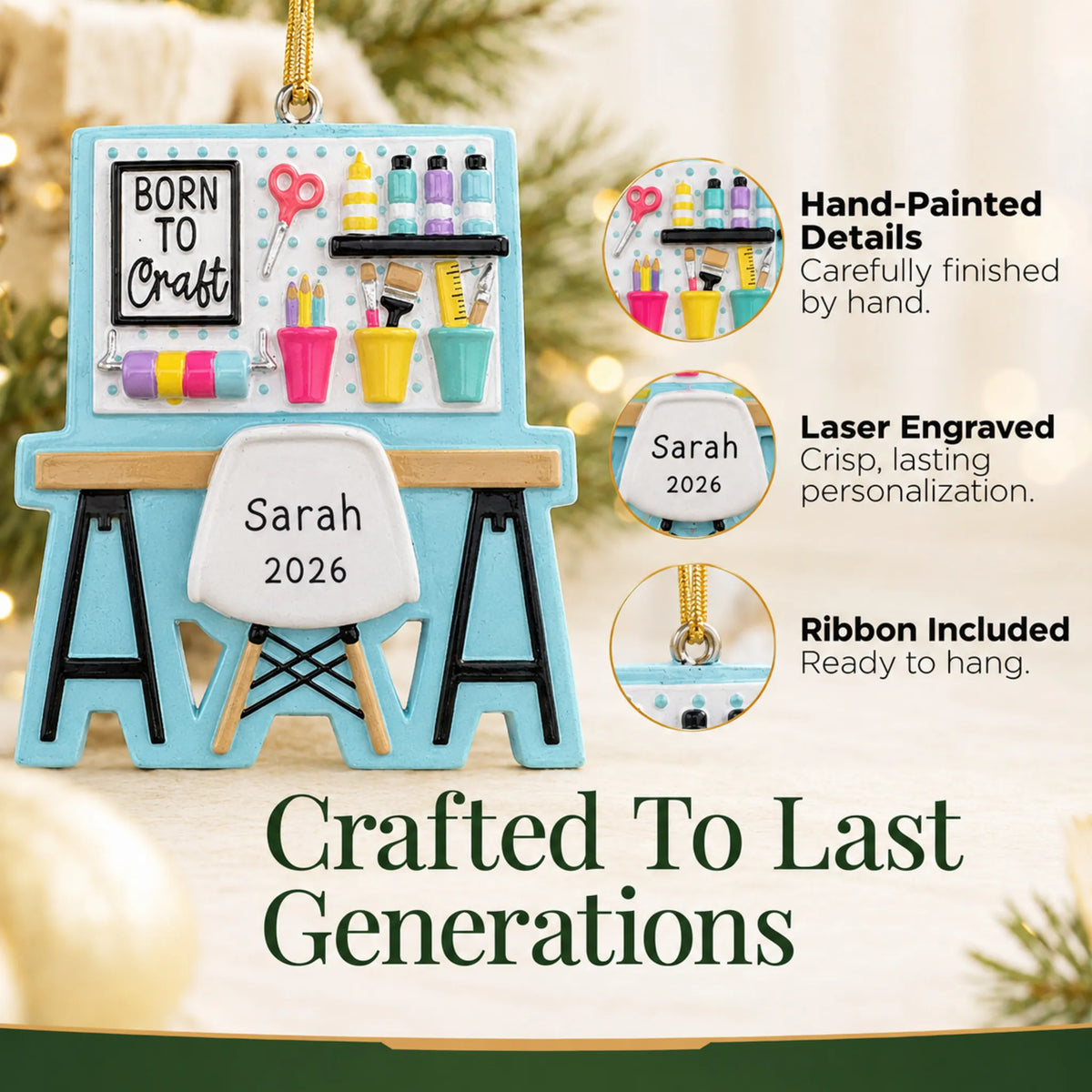 Hand-painted details and laser engraved personalization on the arts and crafts table christmas ornament, ribbon included