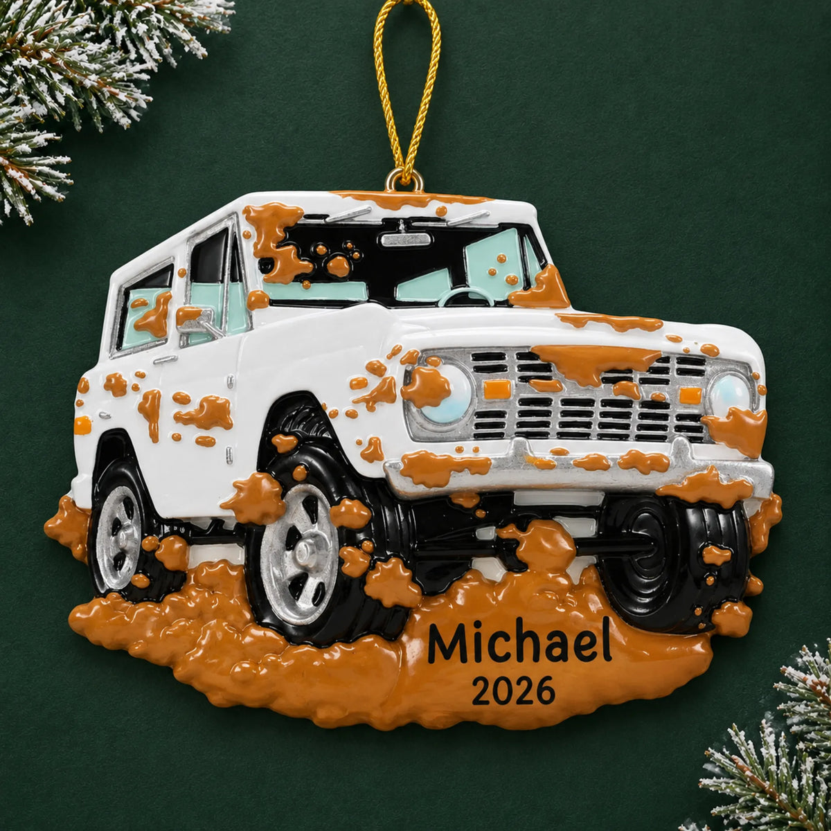 Personalized Off-Road Truck christmas ornament on a dark green pine background