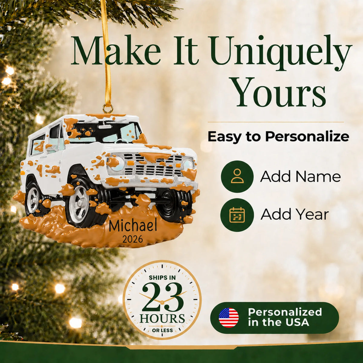 Make it yours: personalize the Off-Road Truck christmas ornament