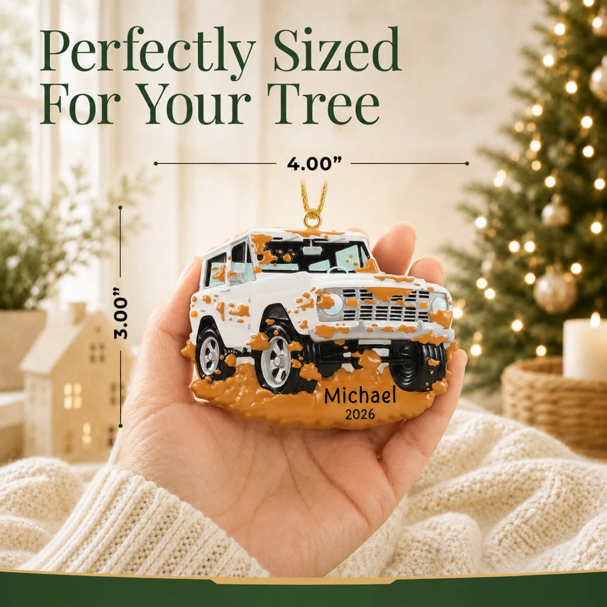 Size guide: the personalized Off-Road Truck christmas ornament is 4.00 in wide by 3.00 in tall, shown in hand
