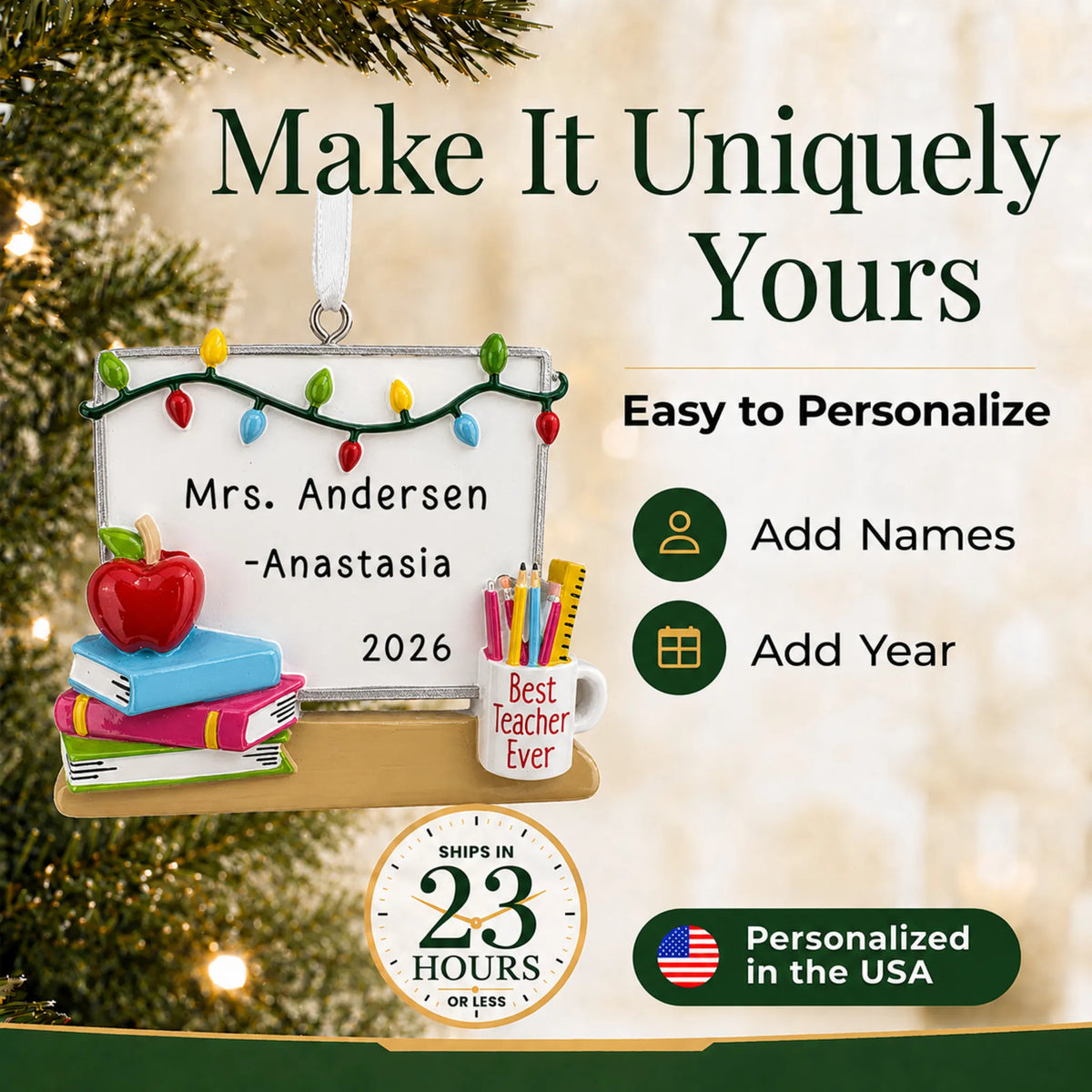 Personalize the teacher whiteboard Christmas ornament with your details, ships in 23 hours, personalized in the USA