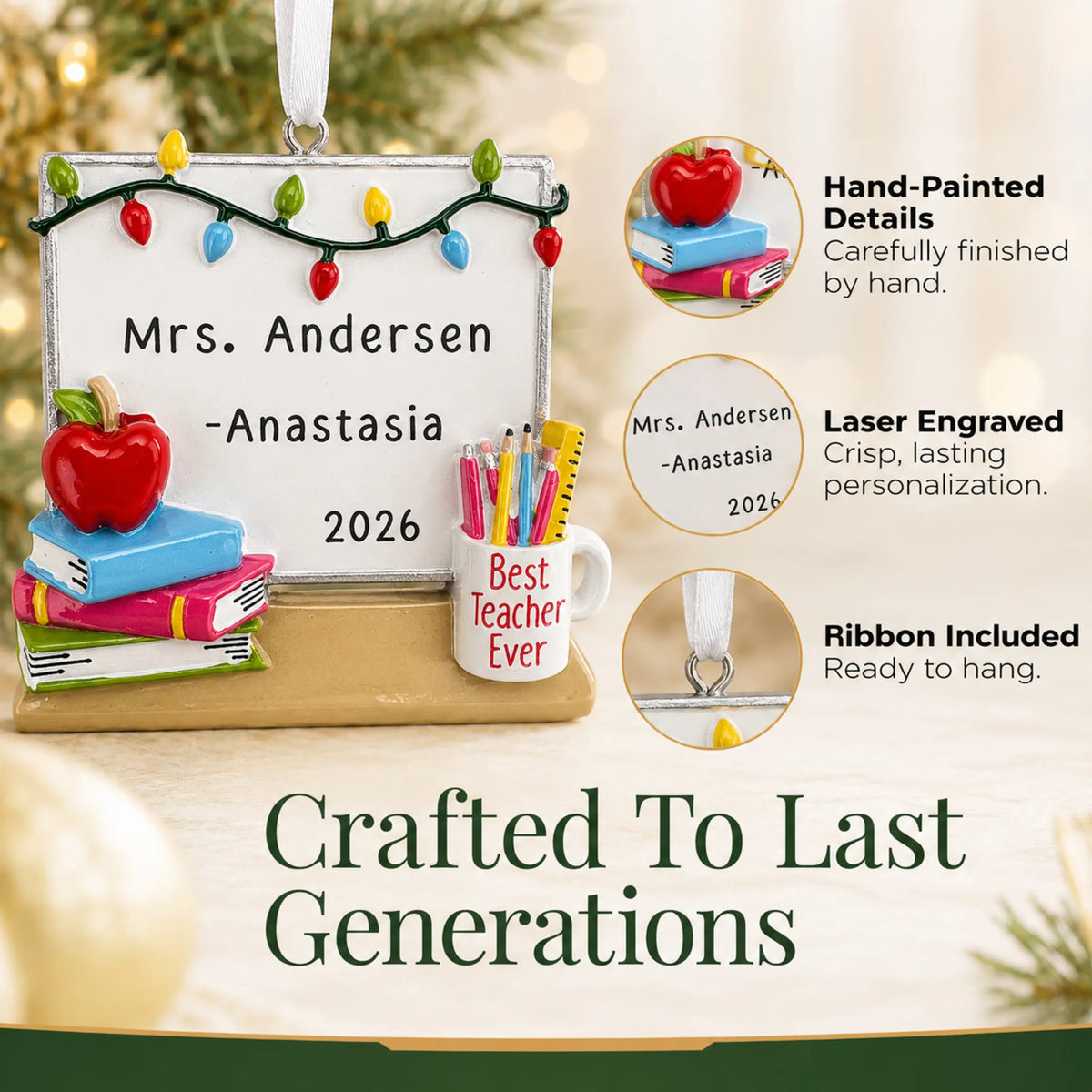 Close-up of the teacher whiteboard Christmas ornament: hand-painted finish, laser engraving, ribbon included