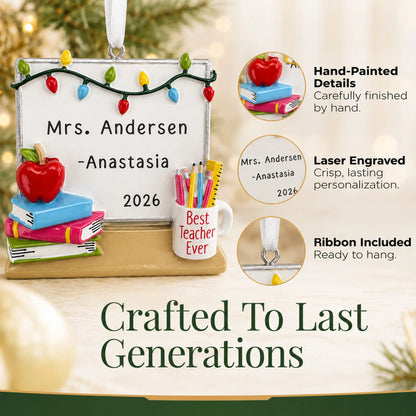 Close-up of the teacher whiteboard Christmas ornament: hand-painted finish, laser engraving, ribbon included