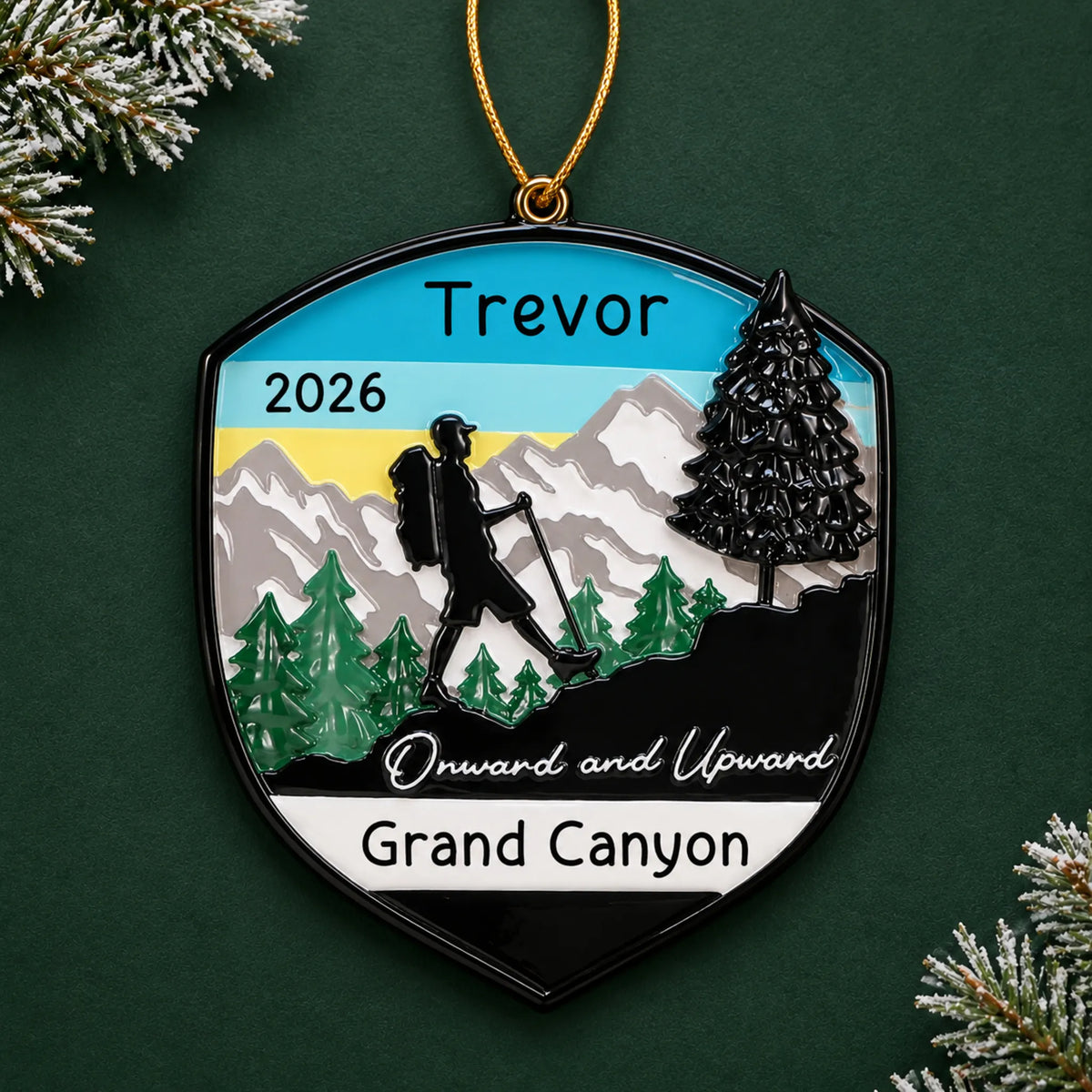 Personalized hiking adventure christmas ornament on a dark green pine background