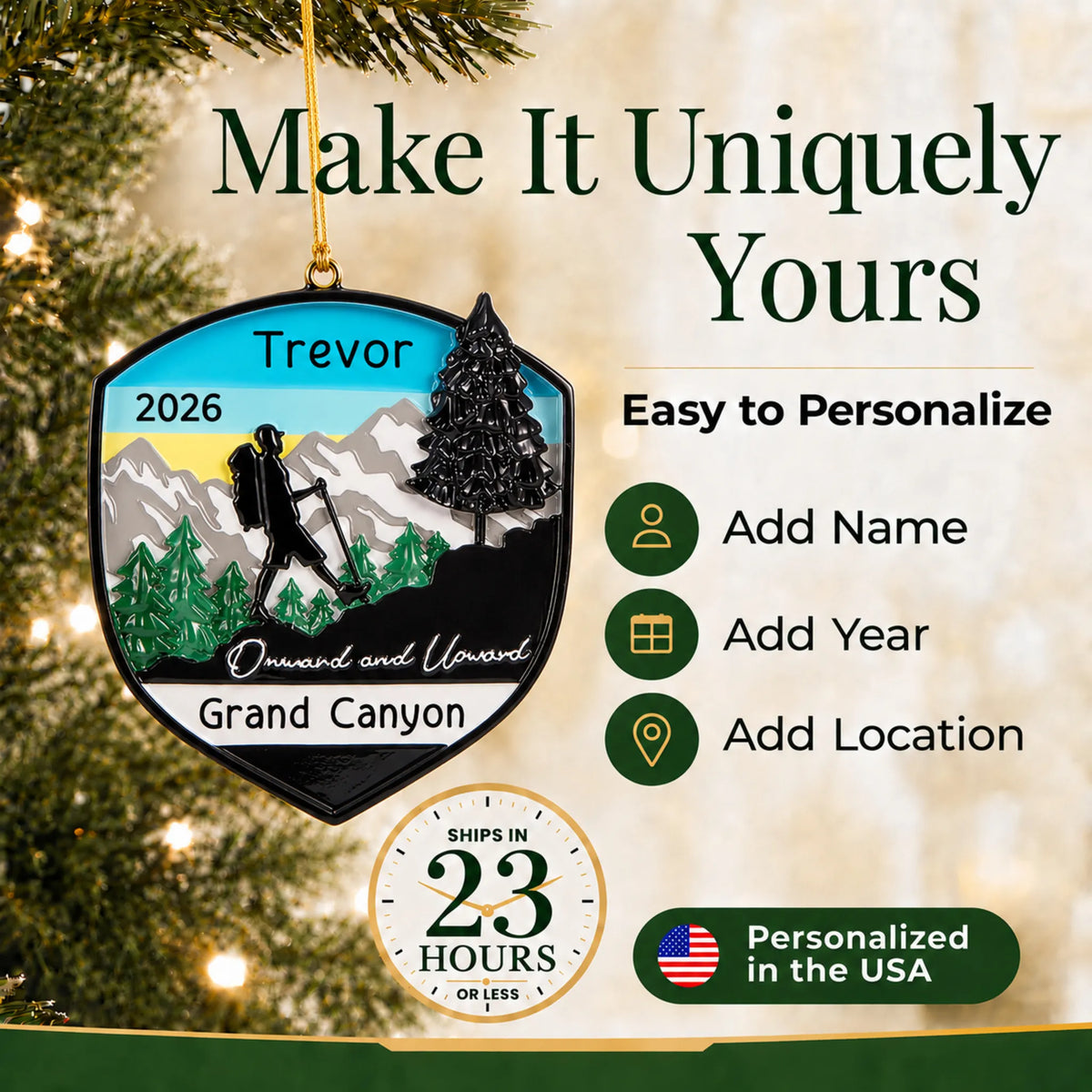 Make it yours: personalize the hiking adventure christmas ornament