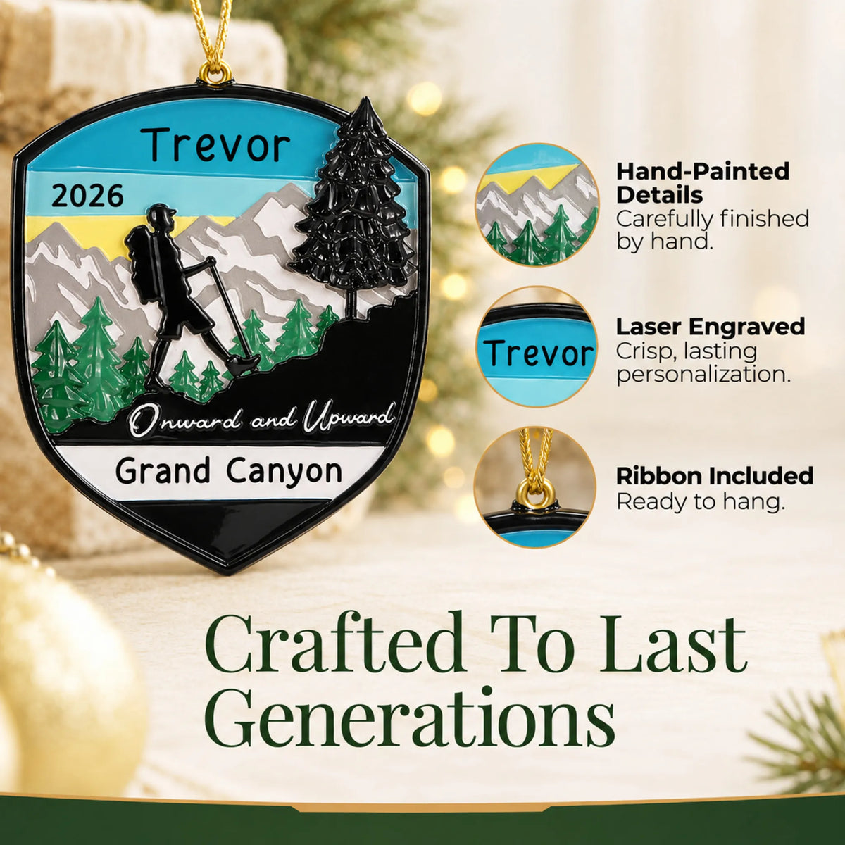 Hand-painted details and laser engraved personalization on the hiking adventure christmas ornament, ribbon included