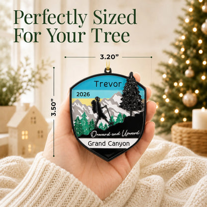 Size guide: the personalized hiking adventure christmas ornament is 3.20 in wide by 3.50 in tall, shown in hand
