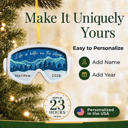 Make it yours: add name and year to the personalized ski goggles christmas ornament