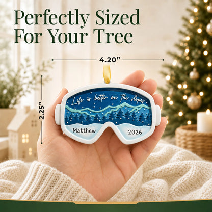 Size guide: the personalized ski goggles christmas ornament is 4.20 in wide by 2.25 in tall, shown in hand