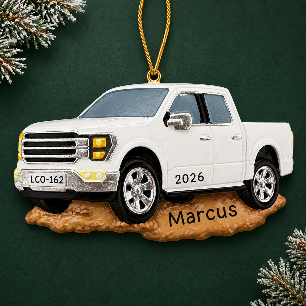 Personalized White Pickup Truck christmas ornament on a dark green pine background