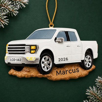 Personalized White Pickup Truck christmas ornament on a dark green pine background